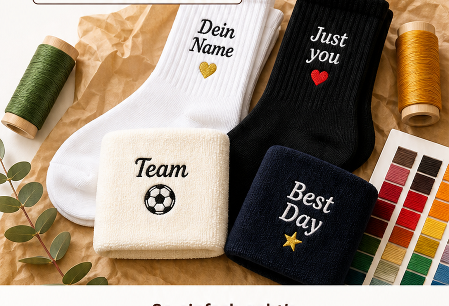 Bestickte Socken und ein Schweißband als persönliches Geschenk