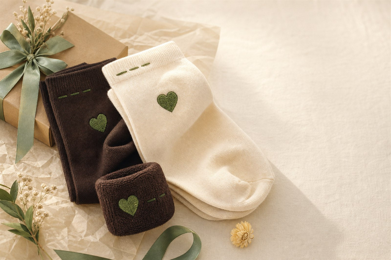 Bestickte Socken und Schweißband mit grünem Herzmotiv als persönliches Geschenk